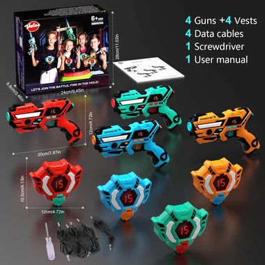 4x Laser Tag Guns with Vests Set | Real-Time Data Sync, Infrared Shooting Game for Indoor & Outdoor Fun - For Kids & Teens (Ages 6+) - playtechtoy